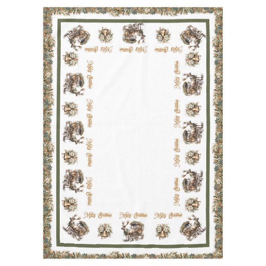 ヴィンテージクラシックグリーン金ゴールドトナカイとスリー テーブルクロス (正面)