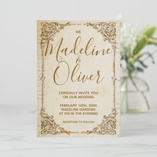 ヴィンテージクラシックゴールデンフレーム結婚式招待状 招待状 (スタンド正面)