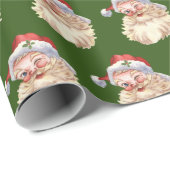 ヴィンテージクラシックサンタクロースウィンキングイングリーンBG ラッピングペーパー (ロールコーナー)