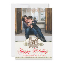 ヴィンテージクラシックディア素朴ヘッドホリデーフォトカード