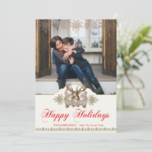 ヴィンテージクラシックディア素朴ヘッドホリデーフォトカード シーズンカード (スタンド正面)