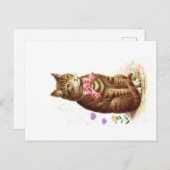 ヴィンテージクラシックハガキタビーキャット付きピンクボウ ポストカード (正面/裏面)