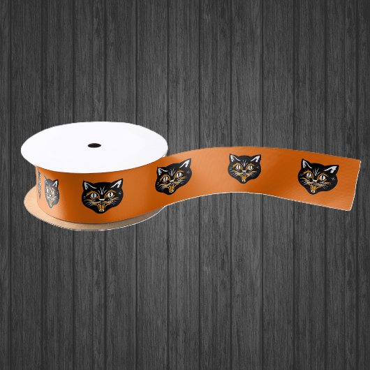 ヴィンテージクラシックハロウィーンブラックキャット顔ファン サテンリボン