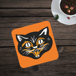 ヴィンテージクラシックハロウィーンブラックキャット顔ファン スクエアペーパーコースター