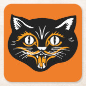 ヴィンテージクラシックハロウィーンブラックキャット顔ファン スクエアペーパーコースター (正面)