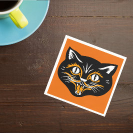 ヴィンテージクラシックハロウィーンブラックキャット顔ファン スタンダードカクテルナプキン