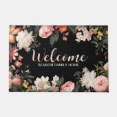 ヴィンテージクラシックフローラの黒いファミリ名 ドアマット (正面)