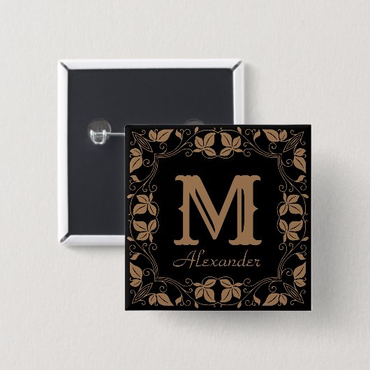 ヴィンテージクラシックフローラパーソナライズされたモノグラム名 缶バッジ (正面&裏面)