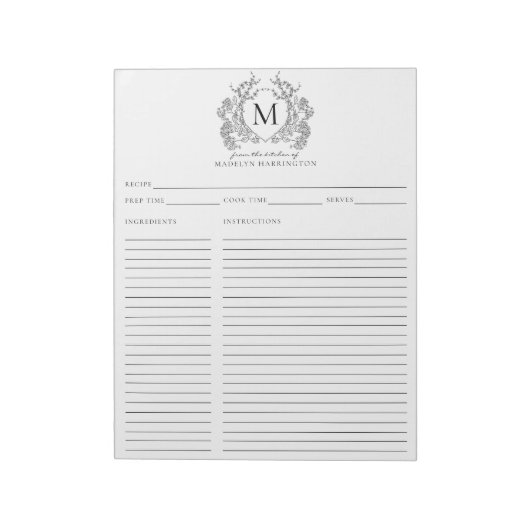 ヴィンテージクラシックブラックフローラクレストモノグラムレシピ ノートパッド (回転)