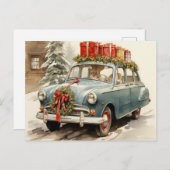 ヴィンテージクラシックブルークリスマスカー シーズンポストカード (正面/裏面)