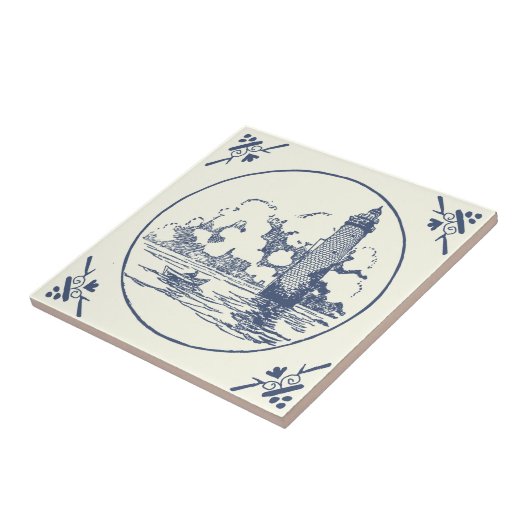 ヴィンテージクラシックブルーシーボートライトハウスオンアイボリー タイル (側面)