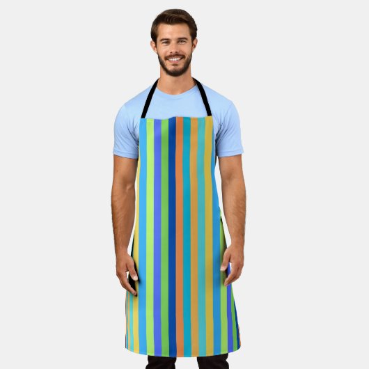 ヴィンテージクラシックブルー&オレンジレインボーストライプズ エプロン (着用した状態)