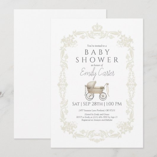 ヴィンテージクラシックベビーベビーカー赤ちゃんシャワー招待状 サンキューカード (正面/裏面)