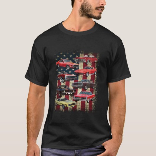 ヴィンテージクラシックマッスルカーレトロアメリカンフラッグパット Tシャツ (正面)
