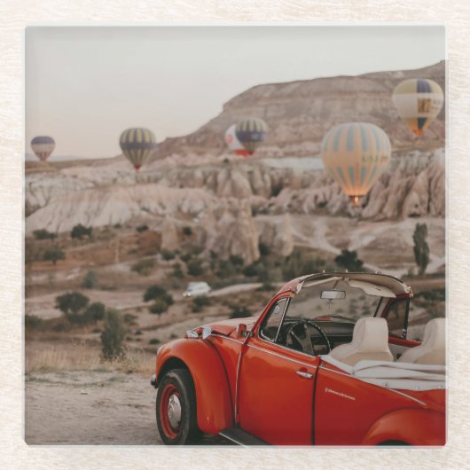 ヴィンテージクラシックレッドカーホットエアバルーンを見る ガラスコースター (正面)