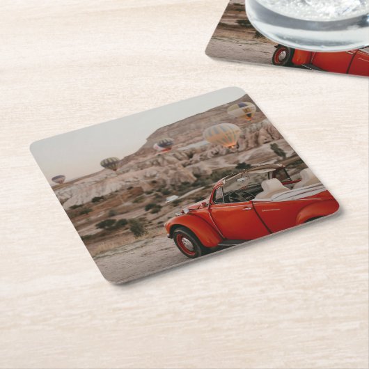 ヴィンテージクラシックレッドカーホットエアバルーンを見る スクエアペーパーコースター (アングル)