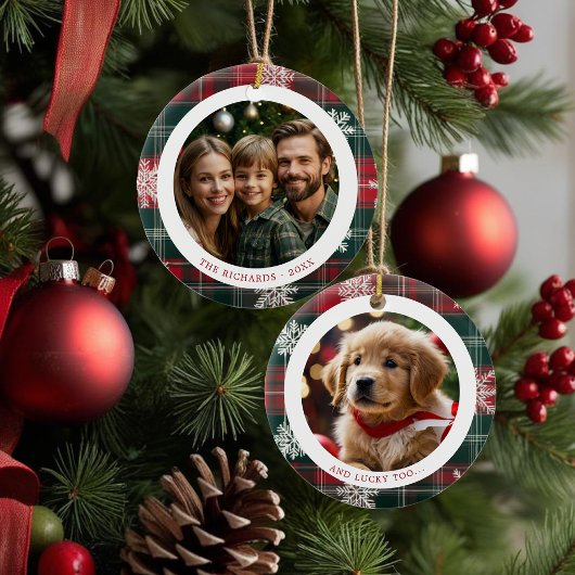 ヴィンテージクラシックレッドスノーフレーク家族2枚の写真 セラミックオーナメント