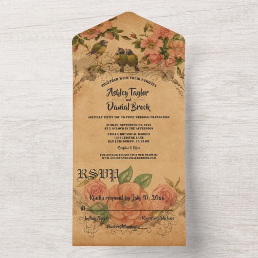 ヴィンテージクラシックレトロ水彩フローラ結婚ズ オールインワン招待状 (内側)