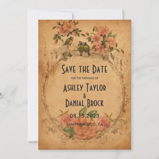 ヴィンテージクラシックレトロ水彩フローラ結婚ズ セーブザデート (正面)