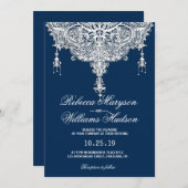 ヴィンテージクラシックレースフランスのオンネイビーブルー結婚ズ 招待状 (正面/裏面)