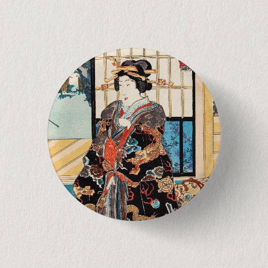 ヴィンテージクラシック浮世絵芸者歌川 缶バッジ (正面)