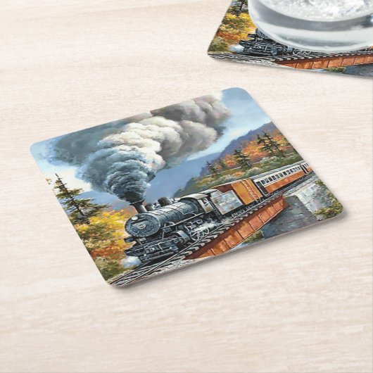 ヴィンテージクラシック蒸気機関列車 スクエアペーパーコースター (アングル)