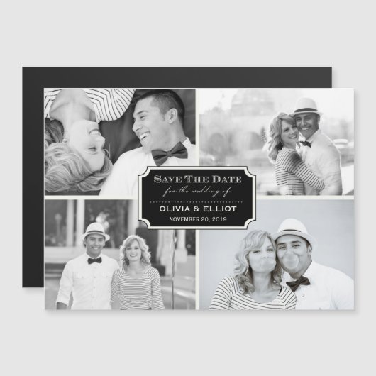 ヴィンテージクラシック蔵書票4枚の写真が日付を保存 マグネット招待状 (正面/裏面)