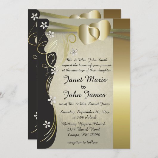 ヴィンテージクラシー金ゴールド結婚ハートの収集 招待状 (正面/裏面)