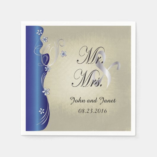 ヴィンテージクラッシー曲線デザイン |サファイアとシルバー スタンダードカクテルナプキン (正面)