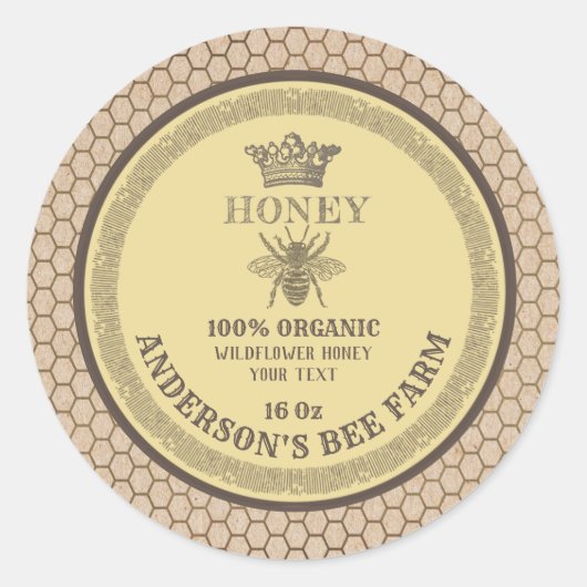 ヴィンテージクラフトクラウンビーフレッシュ蜂蜜の瓶ラベル ラウンドシール (正面)