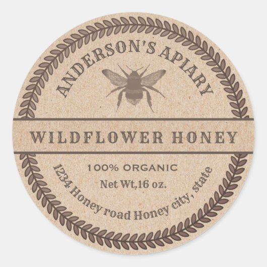 ヴィンテージクラフトビー養蜂蜜の瓶ラベル ラウンドシール (正面)