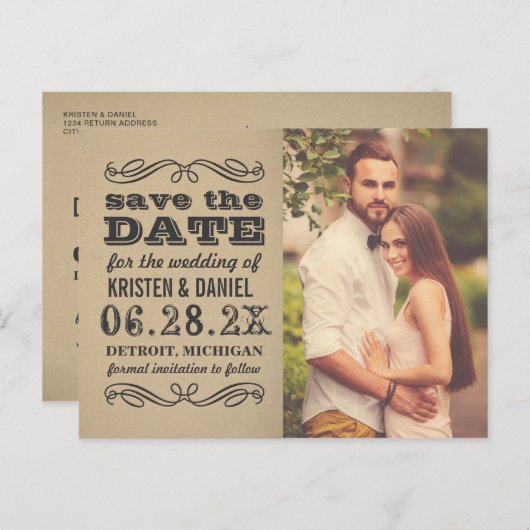 ヴィンテージクラフト写真ウェディング日付を保存 案内ポストカード (正面/裏面)