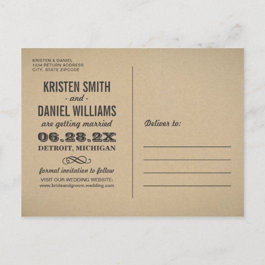 ヴィンテージクラフト写真ウェディング日付を保存 案内ポストカード (裏面)