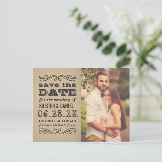 ヴィンテージクラフト写真ウェディング日付を保存 案内ポストカード (スタンド正面)
