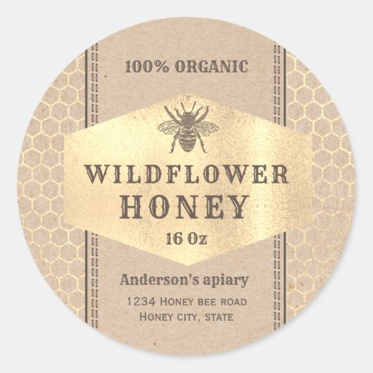 ヴィンテージクラフト金ゴールドミツバチ蜂蜜の瓶ラベル ラウンドシール (正面)