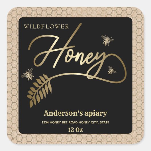 ヴィンテージクラフト金ゴールドミツバチ蜂蜜枝瓶ラベル スクエアシール (正面)