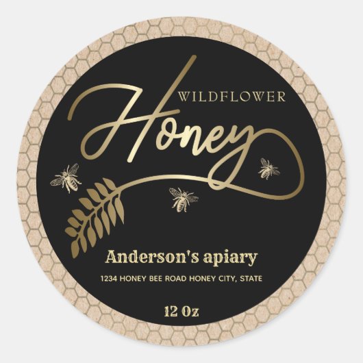 ヴィンテージクラフト金ゴールドミツバチ蜂蜜枝瓶ラベル ラウンドシール (正面)