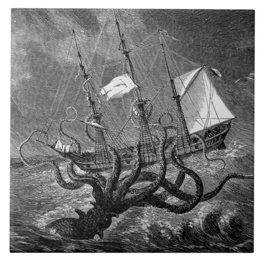ヴィンテージクラーケンジャイアントいか海モンスター船のポスター タイル (正面)