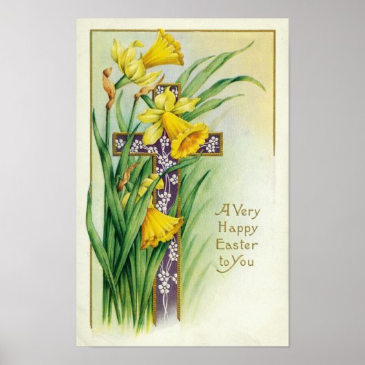 ヴィンテージクリスチャンフローラクロスイエスハッピーイースター ポスター (正面)
