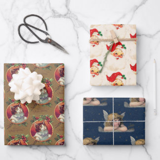 ヴィンテージクリスマスおもしろいノスタルジックサンタキャットエンジェル ラッピングペーパーシート