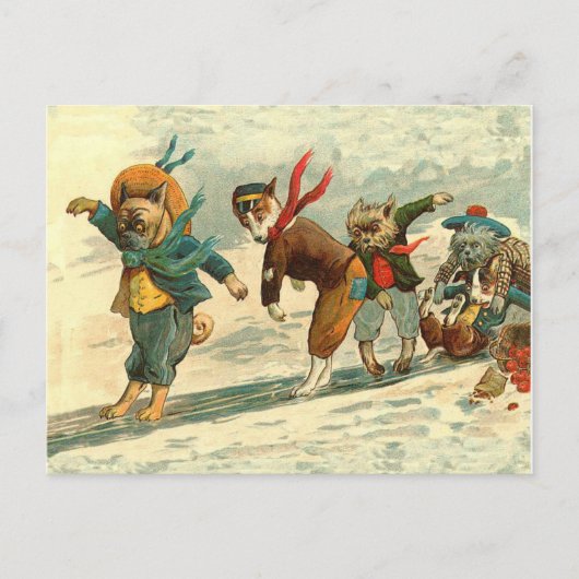 ヴィンテージクリスマスおもしろい犬の雪だるま戦い シーズンポストカード (正面)