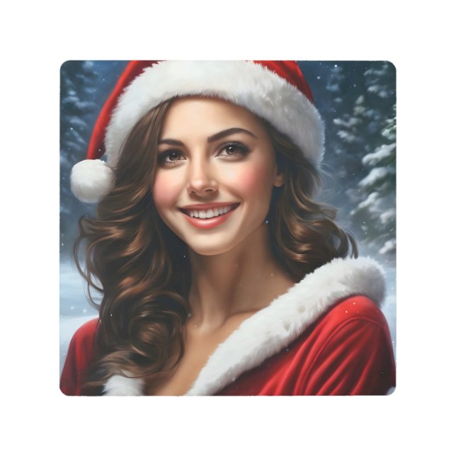 ヴィンテージクリスマスかわいいハッピーガールサンタクロース メタルプリント (正面)