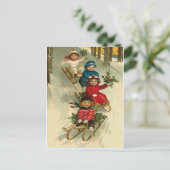 ヴィンテージクリスマスかわいい子供たち雪を避ける シーズンポストカード (スタンド正面)