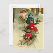 ヴィンテージクリスマスかわいい子供たち雪を避ける シーズンポストカード (正面/裏面)