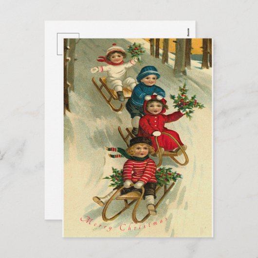 ヴィンテージクリスマスかわいい子供たち雪を避ける シーズンポストカード (正面/裏面)