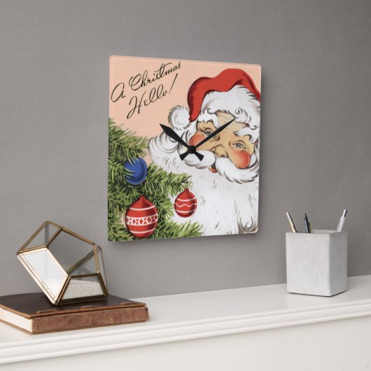 ヴィンテージクリスマスこんにちは!サンタすてきクロース スクエア壁時計 (オフィス)