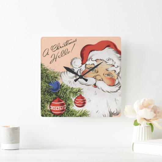ヴィンテージクリスマスこんにちは！サンタすてきクロース スクエア壁時計 (ホーム)