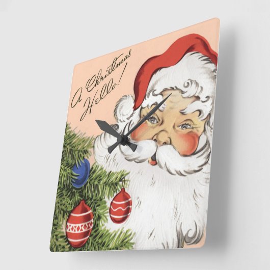 ヴィンテージクリスマスこんにちは！サンタすてきクロース スクエア壁時計 (傾斜)