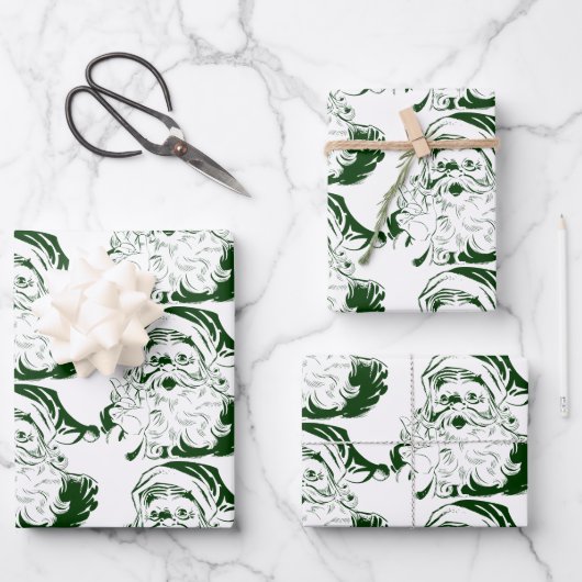 ヴィンテージクリスマスすてき、緑のサンタクロース ラッピングペーパーシート (正面)
