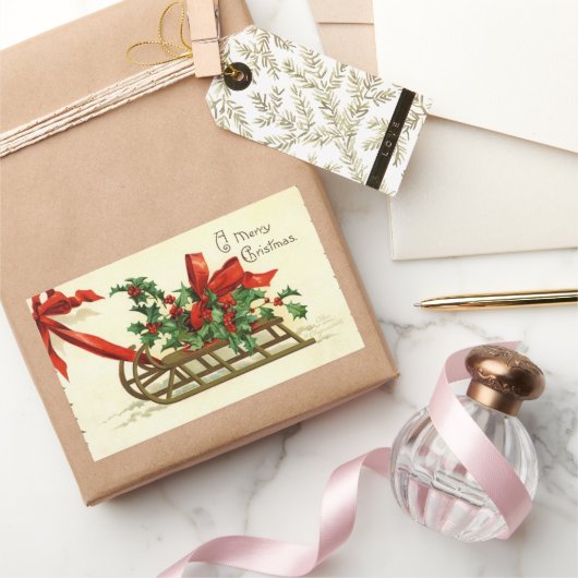 ヴィンテージクリスマスそりのご挨拶 長方形シール (ギフト)